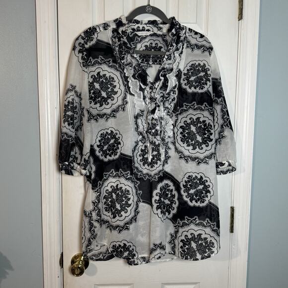 New York & Company Tops - New York & Company Black And White Sheer Blouse, Ruffles, 100% Polyester, Large
